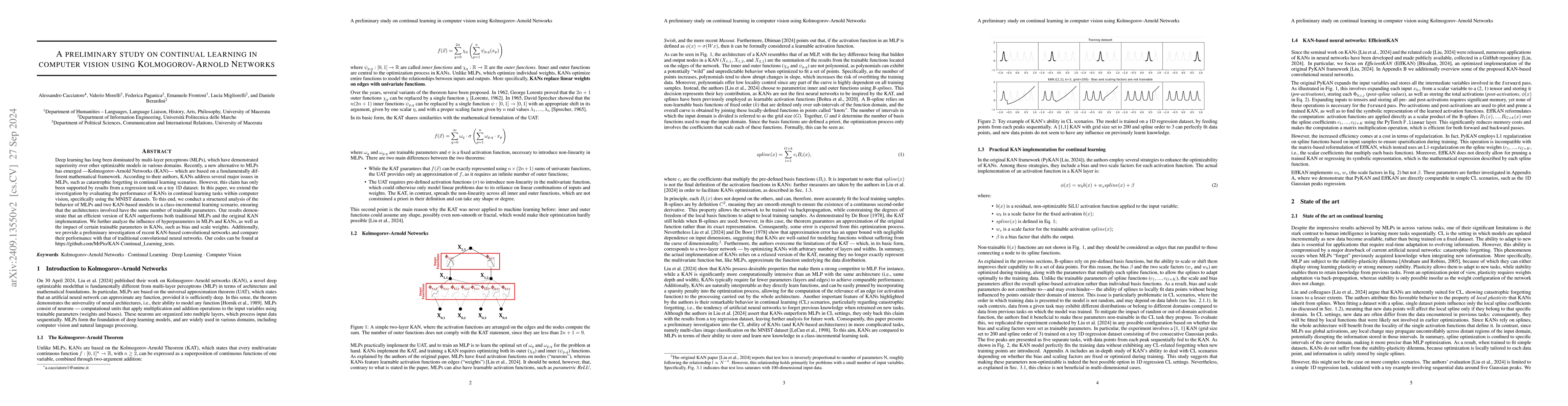 Thumbnail for A preliminary study on continual learning in computer vision using
  Kolmogorov-Arnold Networks