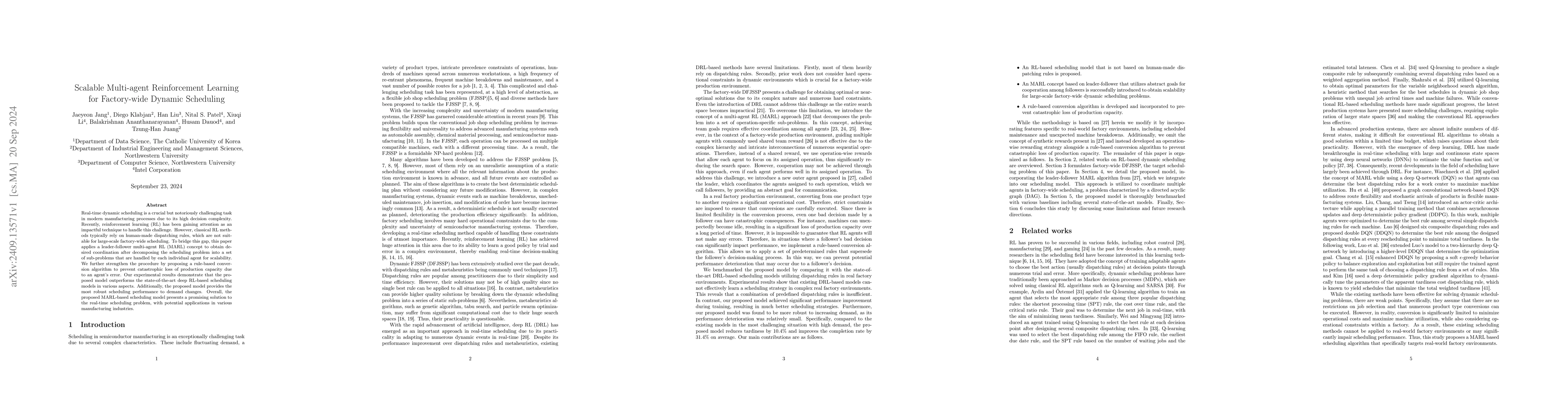 Thumbnail for Scalable Multi-agent Reinforcement Learning for Factory-wide Dynamic
  Scheduling