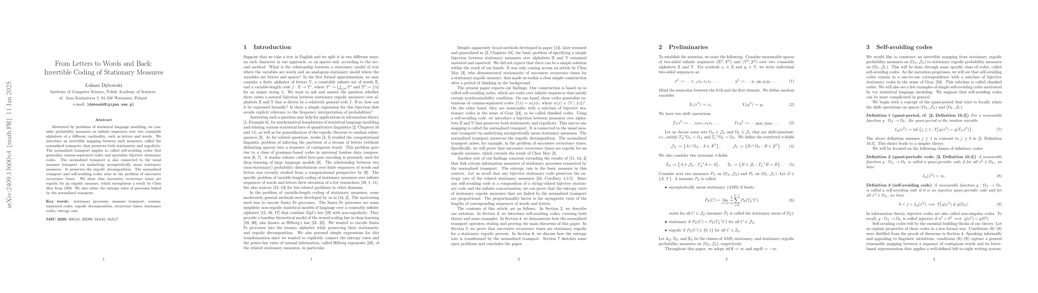 Thumbnail for From Letters to Words and Back: Invertible Coding of Stationary Measures
