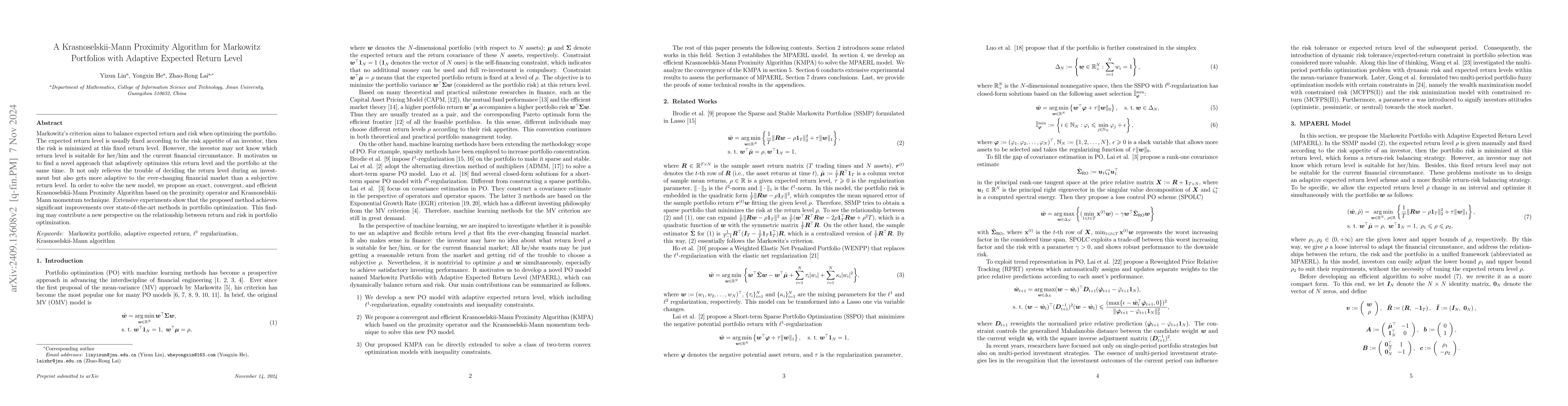 Thumbnail for A Krasnoselskii-Mann Proximity Algorithm for Markowitz Portfolios with
  Adaptive Expected Return Level