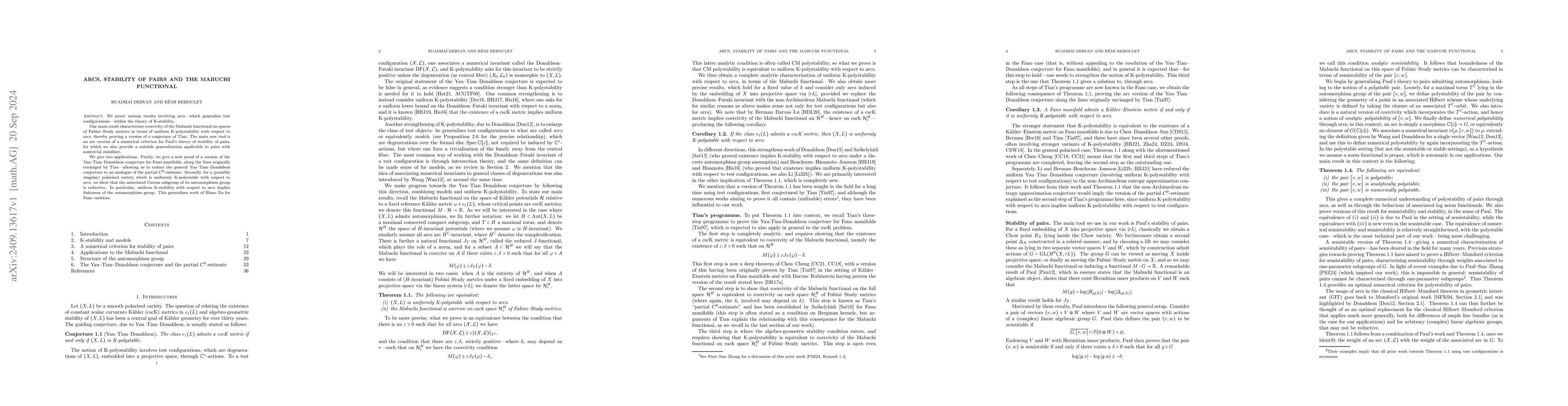 Thumbnail for Arcs, stability of pairs and the Mabuchi functional