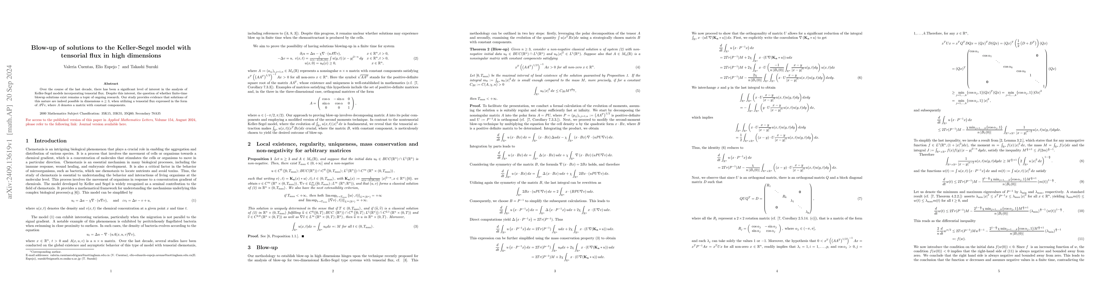 Thumbnail for Blow-up of solutions to the Keller-Segel model with tensorial flux in
  high dimensions