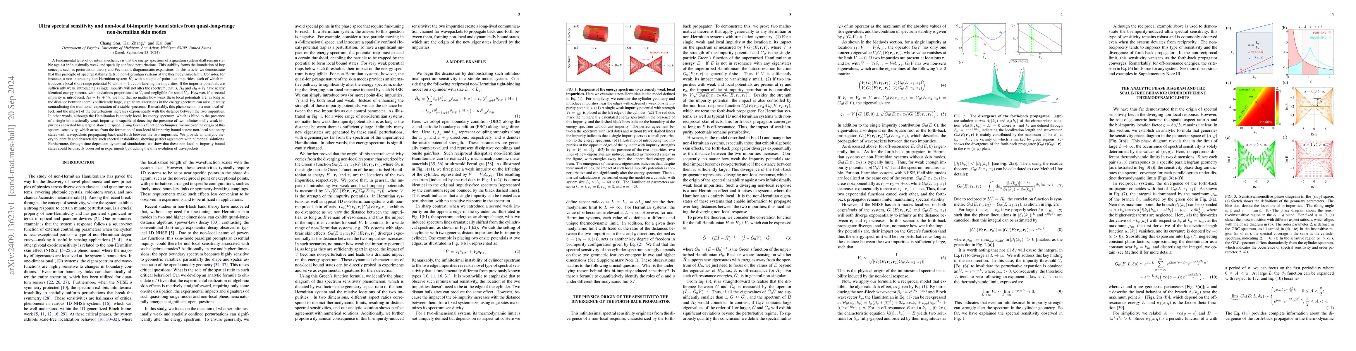 Thumbnail for Ultra spectral sensitivity and non-local bi-impurity bound states from
  quasi-long-range non-hermitian skin modes