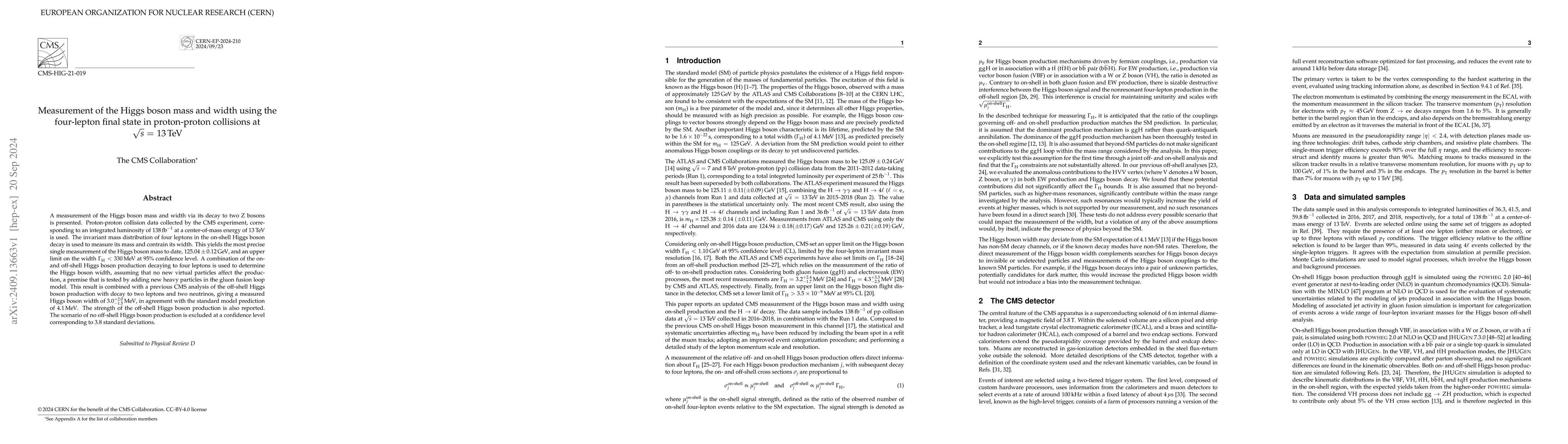 Thumbnail for Measurement of the Higgs boson mass and width using the four-lepton
  final state in proton-proton collisions at $\sqrt{s}$ = 13 TeV