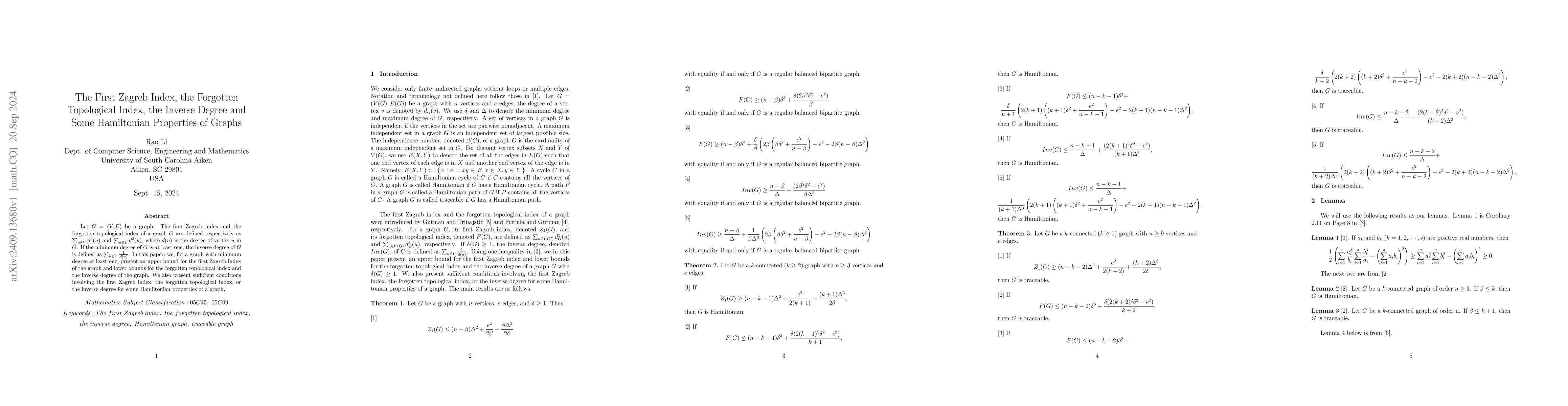 Thumbnail for The First Zagreb Index, the Forgotten Topological Index, the Inverse
  Degree and Some Hamiltonian Properties of Graphs
