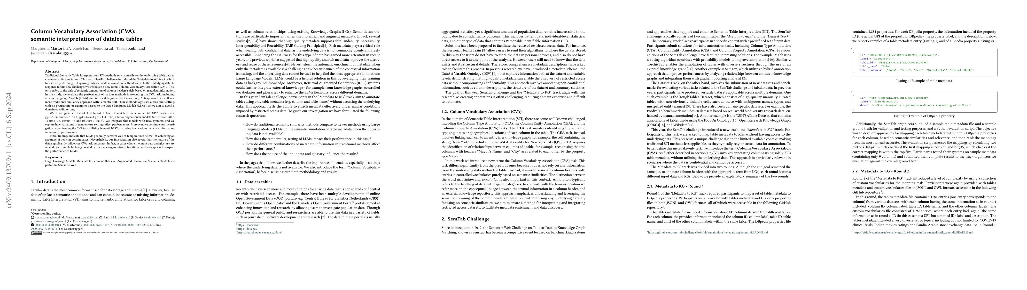 Thumbnail for Column Vocabulary Association (CVA): semantic interpretation of dataless
  tables