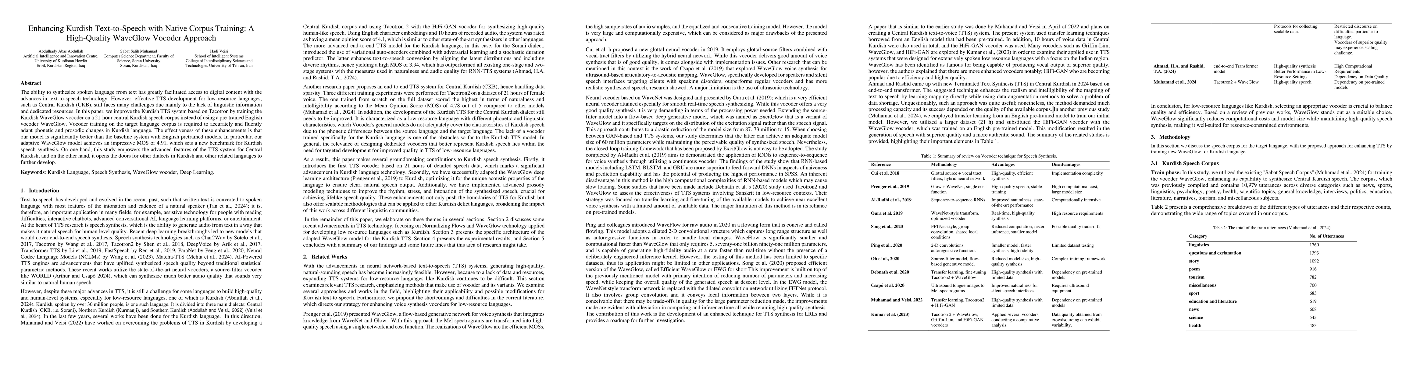 Thumbnail for Enhancing Kurdish Text-to-Speech with Native Corpus Training: A
  High-Quality WaveGlow Vocoder Approach