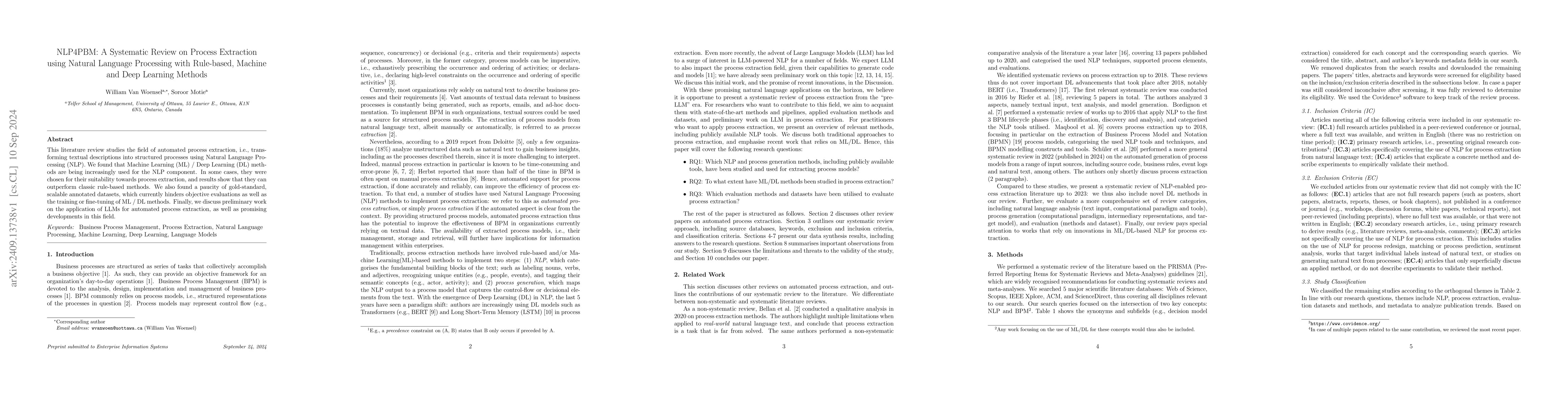 Thumbnail for NLP4PBM: A Systematic Review on Process Extraction using Natural
  Language Processing with Rule-based, Machine and Deep Learning Methods