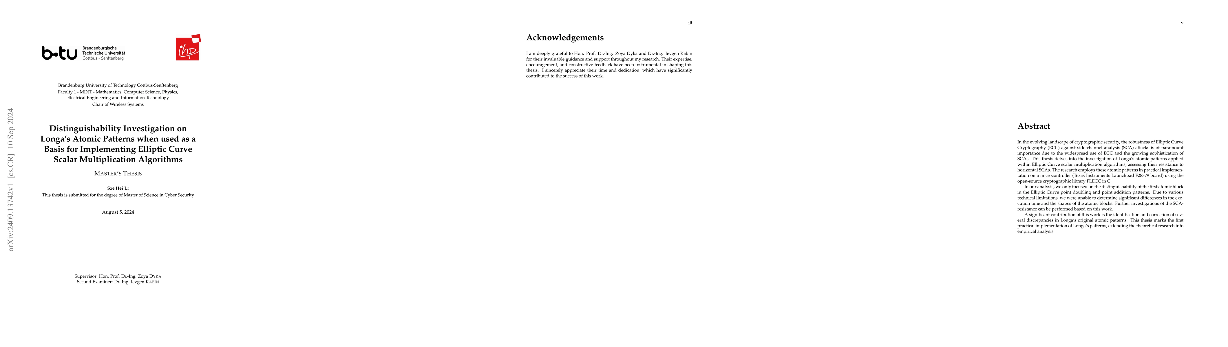 Thumbnail for Distinguishability Investigation on Longa's Atomic Patterns when used as
  a Basis for Implementing Elliptic Curve Scalar Multiplication Algorithms