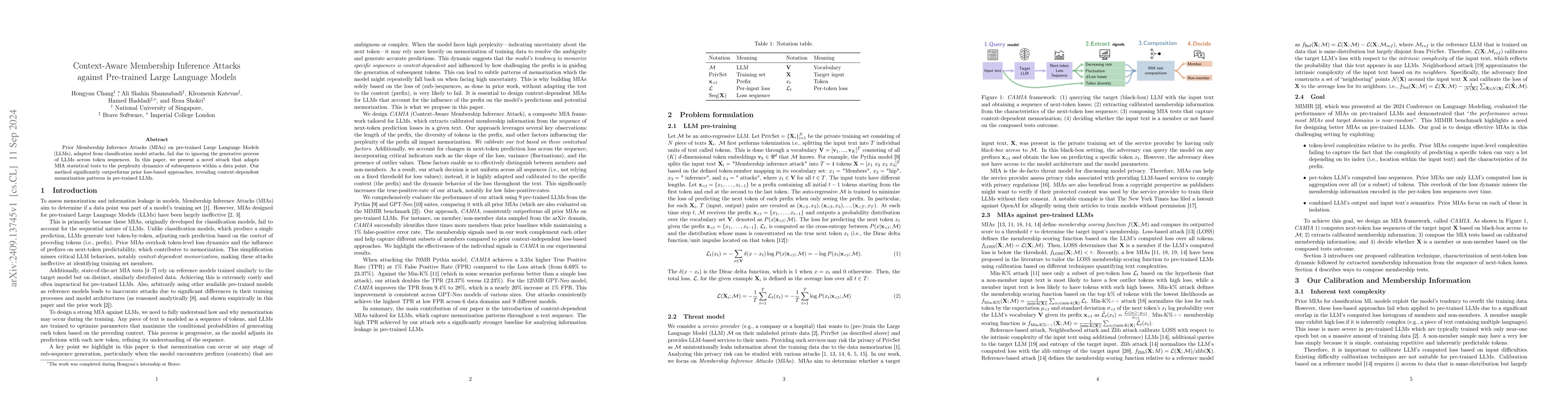 Thumbnail for Context-Aware Membership Inference Attacks against Pre-trained Large
  Language Models