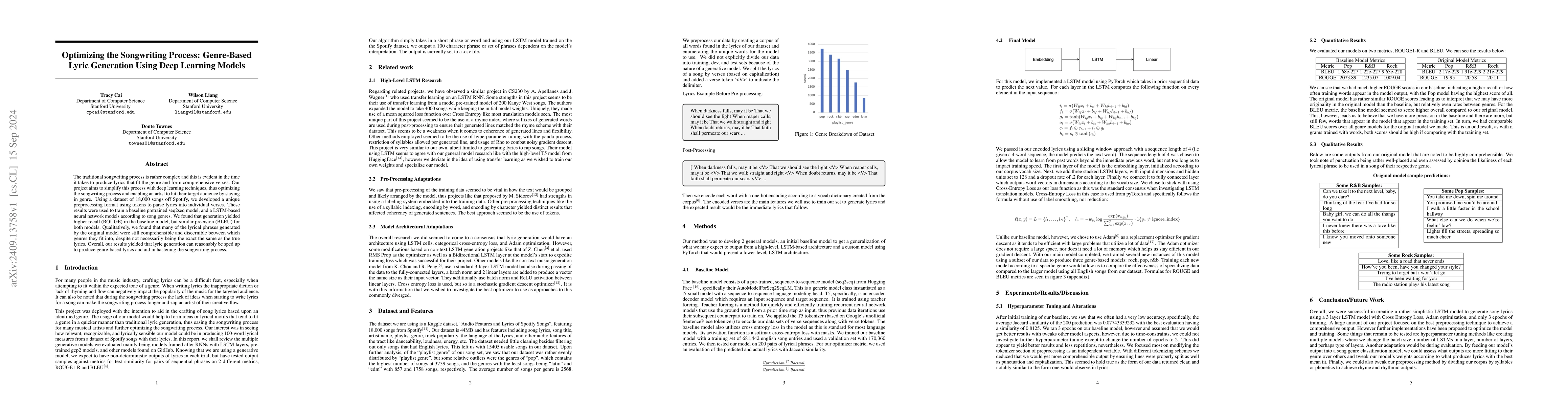 Thumbnail for Optimizing the Songwriting Process: Genre-Based Lyric Generation Using
  Deep Learning Models