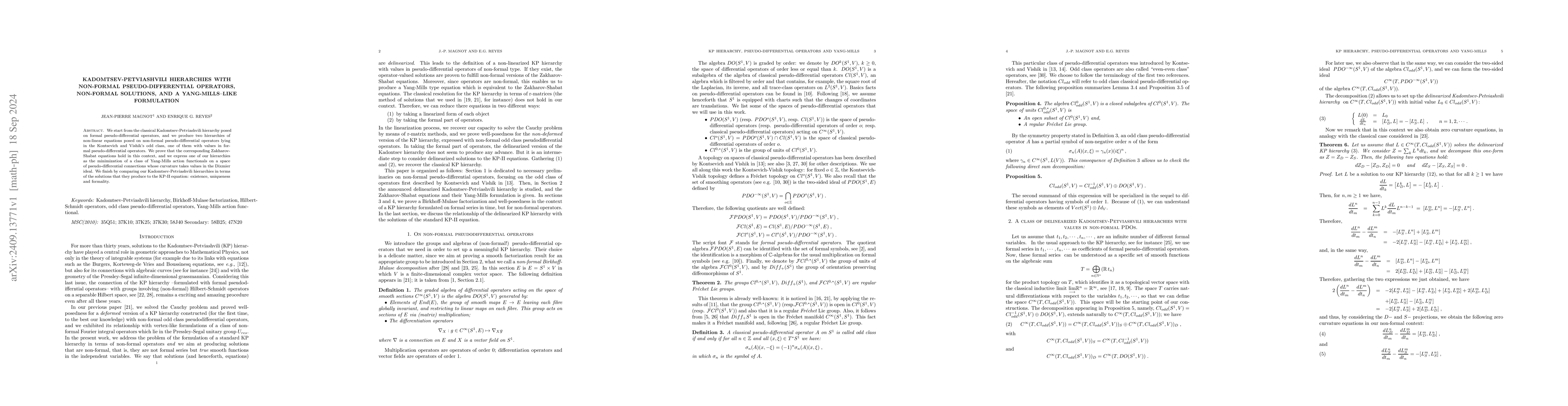 Thumbnail for Kadomtsev-Petviashvili hierarchies with non-formal pseudo-differential
  operators, non-formal solutions, and a Yang-Mills--like formulation