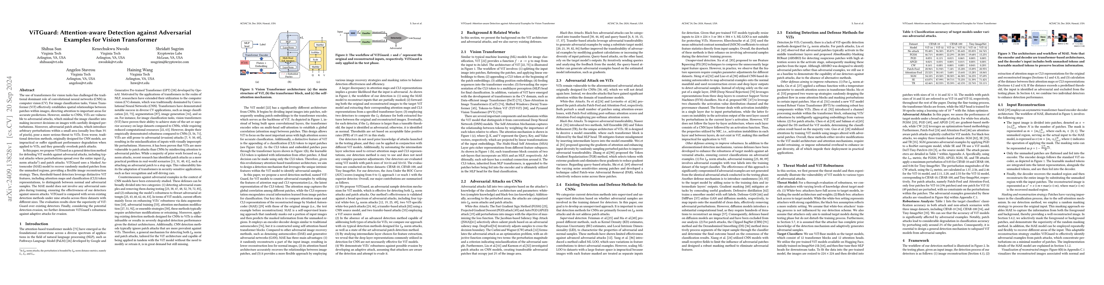 Thumbnail for ViTGuard: Attention-aware Detection against Adversarial Examples for
  Vision Transformer