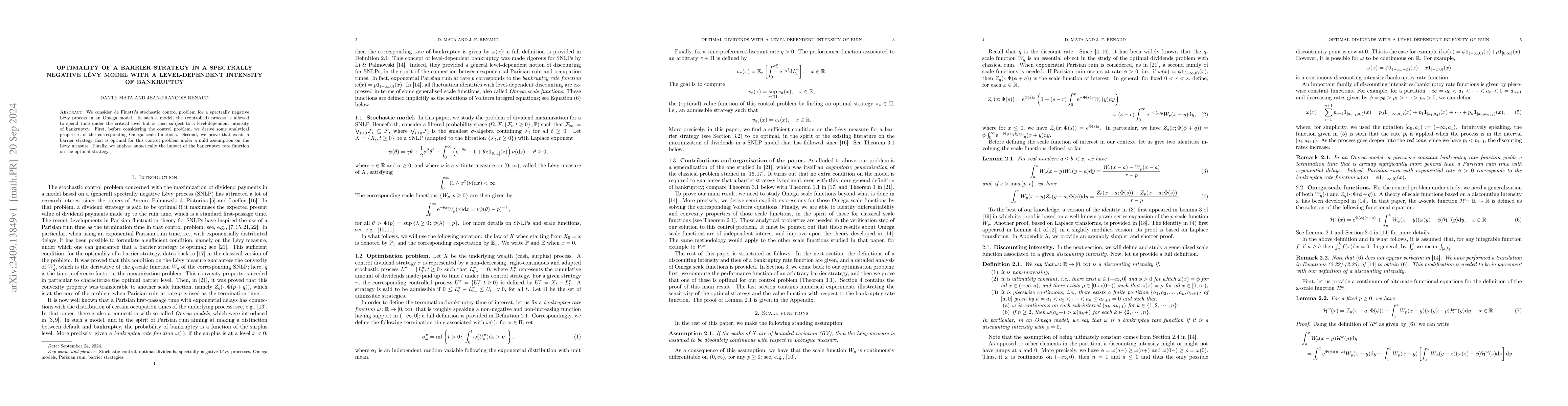 Thumbnail for Optimality of a barrier strategy in a spectrally negative Lévy model
  with a level-dependent intensity of bankruptcy