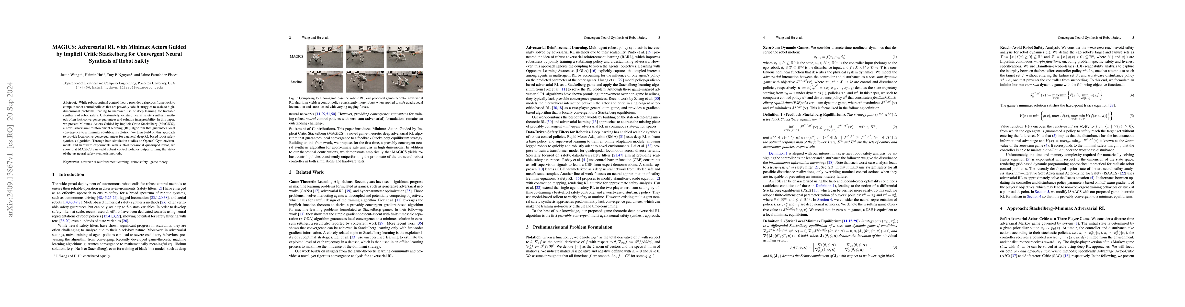 Thumbnail for MAGICS: Adversarial RL with Minimax Actors Guided by Implicit Critic
  Stackelberg for Convergent Neural Synthesis of Robot Safety