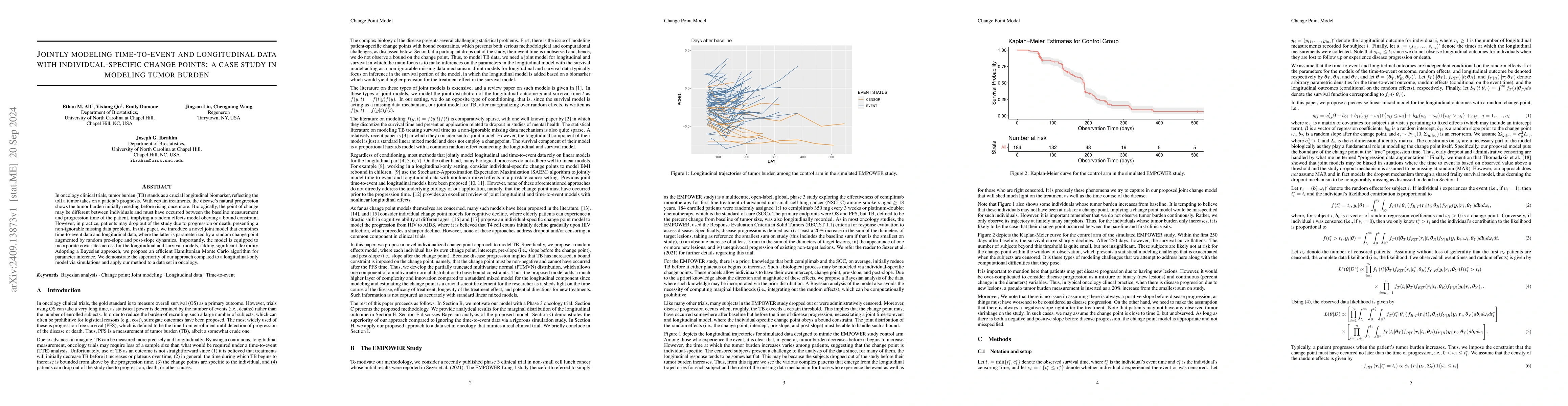 Thumbnail for Jointly modeling time-to-event and longitudinal data with
  individual-specific change points: a case study in modeling tumor burden