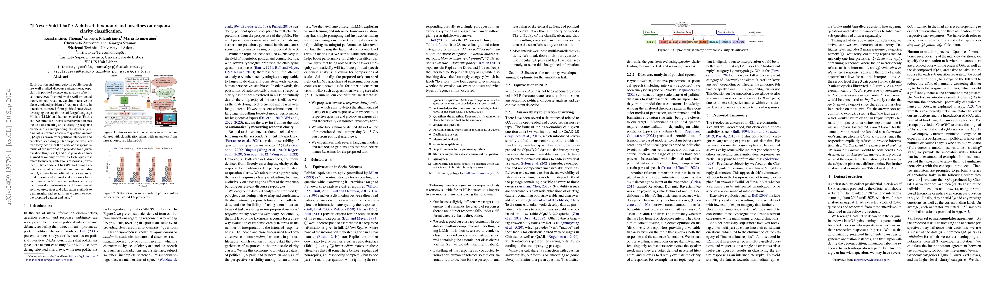 Thumbnail for "I Never Said That": A dataset, taxonomy and baselines on response
  clarity classification