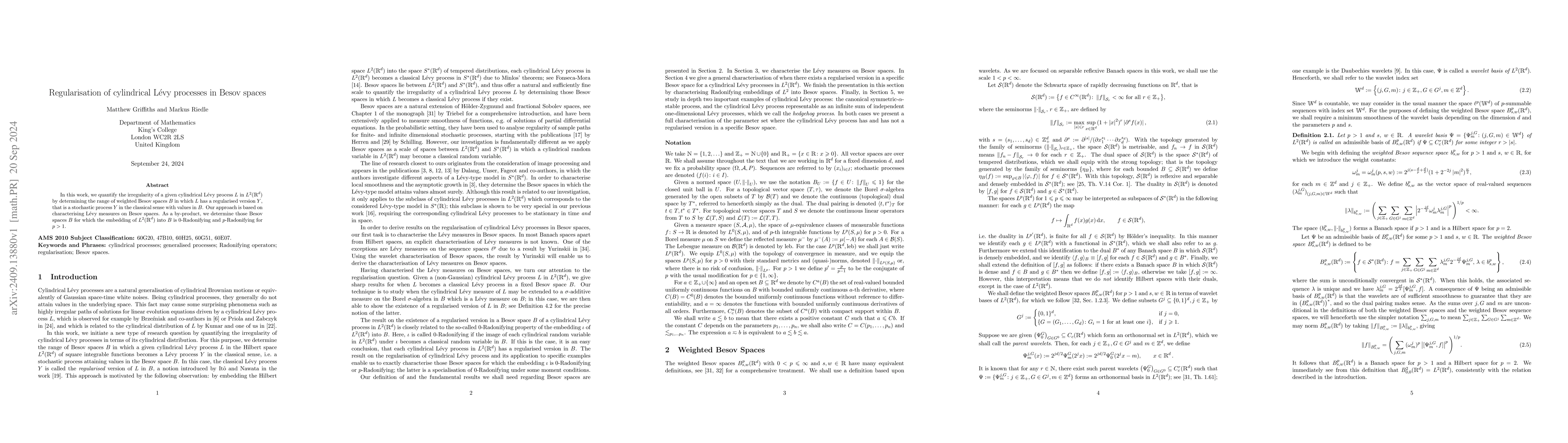 Thumbnail for Regularisation of cylindrical Lévy processes in Besov spaces