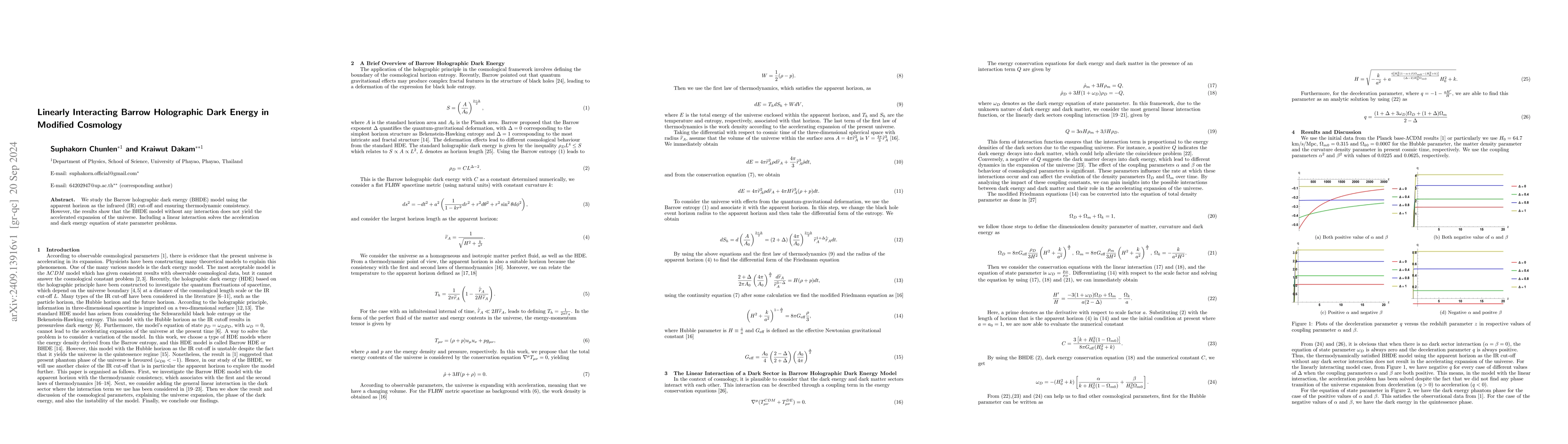 Thumbnail for Linearly Interacting Barrow Holographic Dark Energy in Modified
  Cosmology