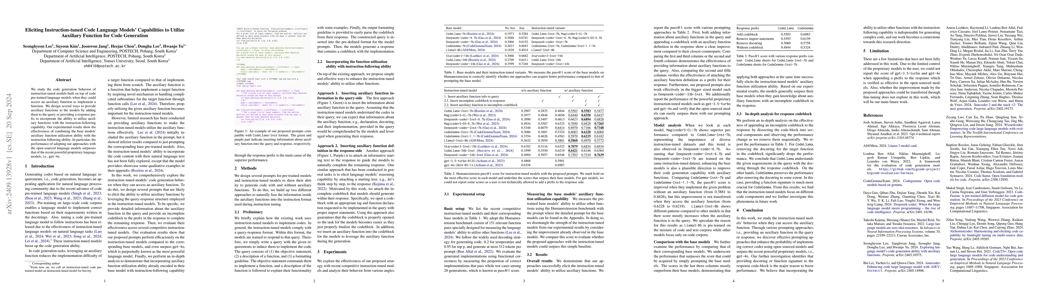 Thumbnail for Eliciting Instruction-tuned Code Language Models' Capabilities to
  Utilize Auxiliary Function for Code Generation