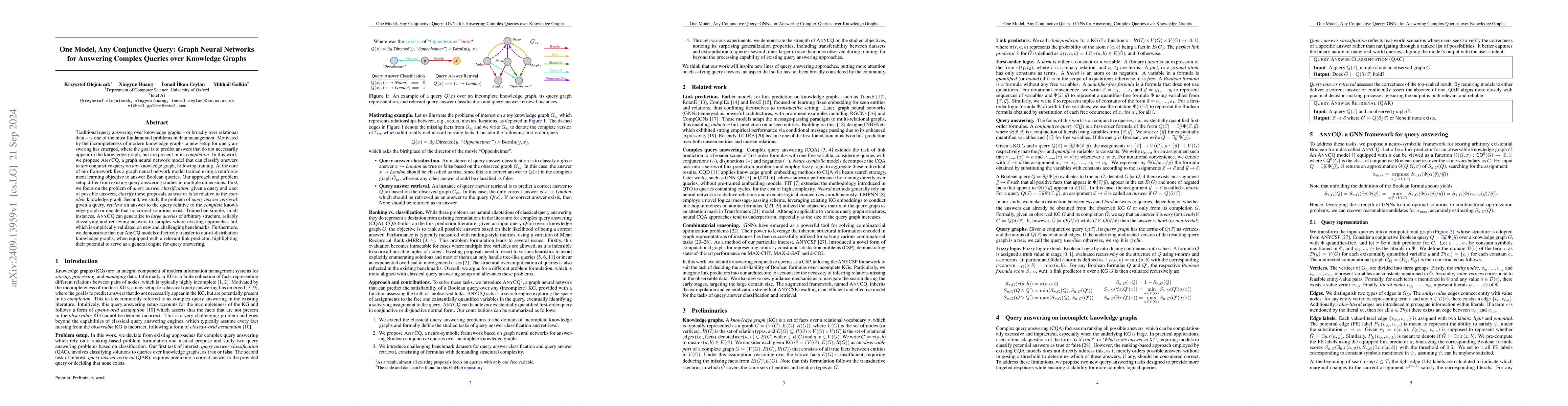 Thumbnail for One Model, Any Conjunctive Query: Graph Neural Networks for Answering
  Complex Queries over Knowledge Graphs