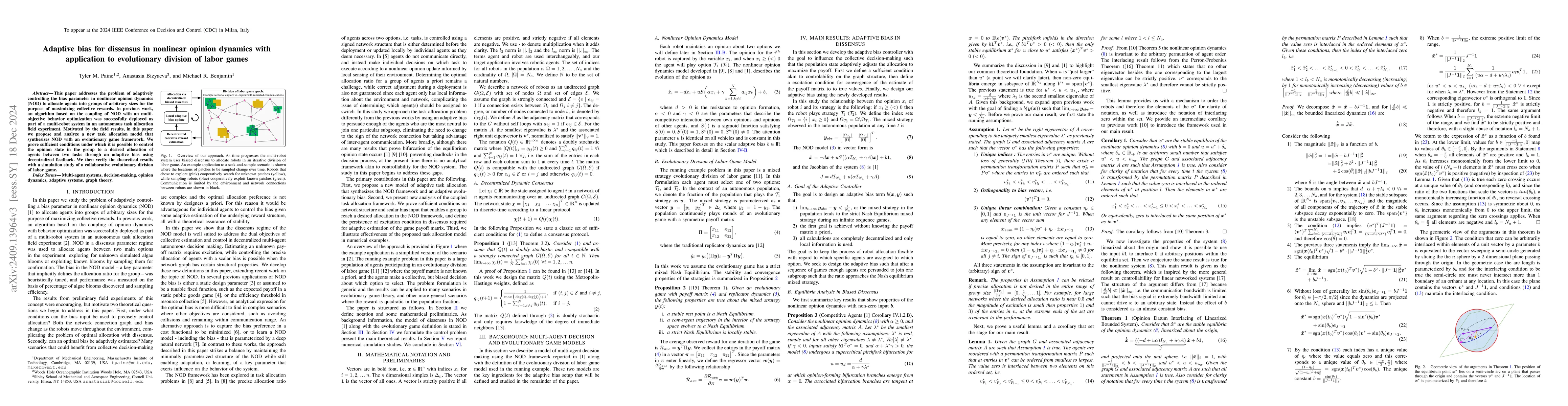 Thumbnail for Adaptive bias for dissensus in nonlinear opinion dynamics with
  application to evolutionary division of labor games