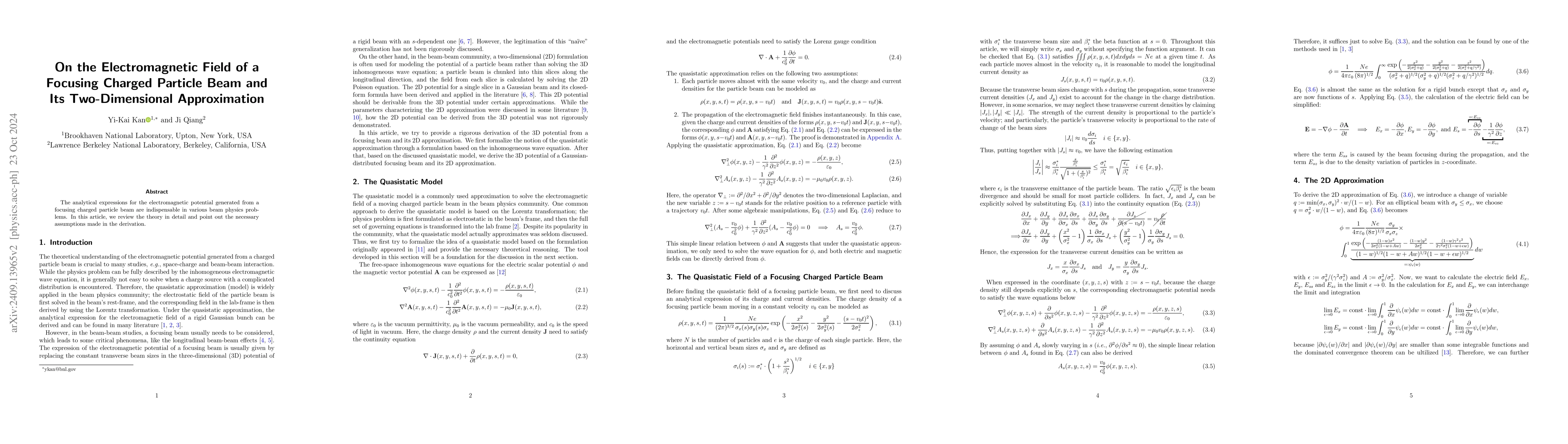 Thumbnail for On the Electromagnetic Field of a Focusing Charged Particle Beam and Its
  Two-Dimensional Approximation