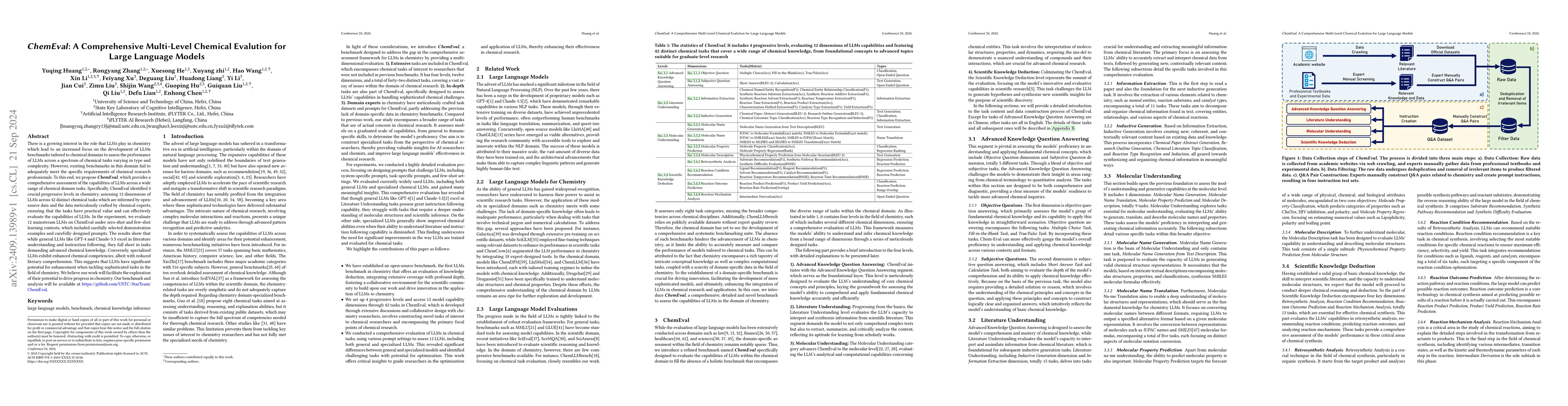 Thumbnail for ChemEval: A Comprehensive Multi-Level Chemical Evaluation for Large
  Language Models