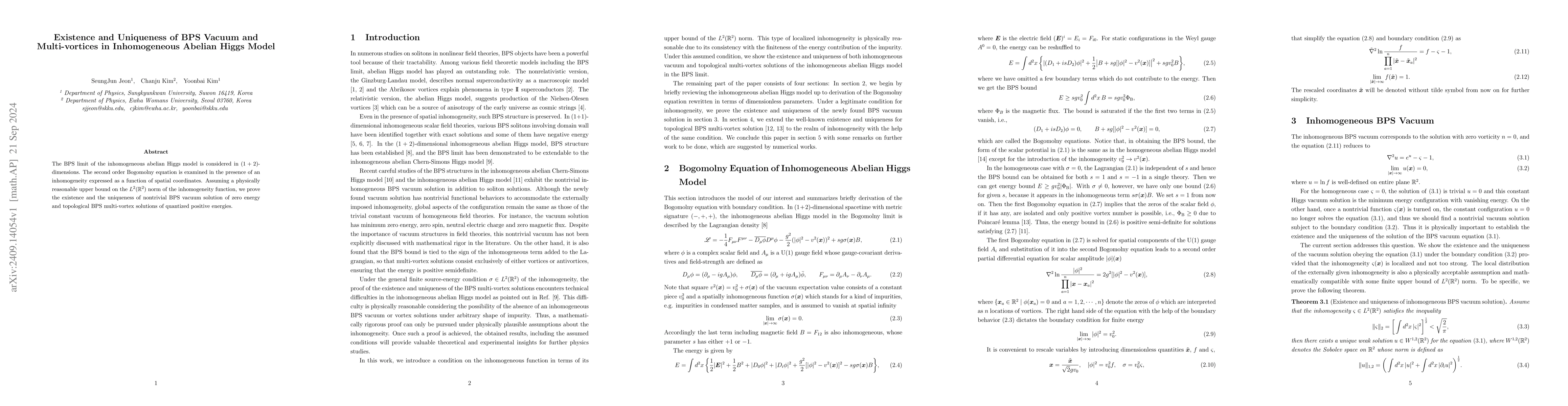 Thumbnail for Existence and Uniqueness of BPS Vacuum and Multi-vortices in
  Inhomogeneous Abelian Higgs Model