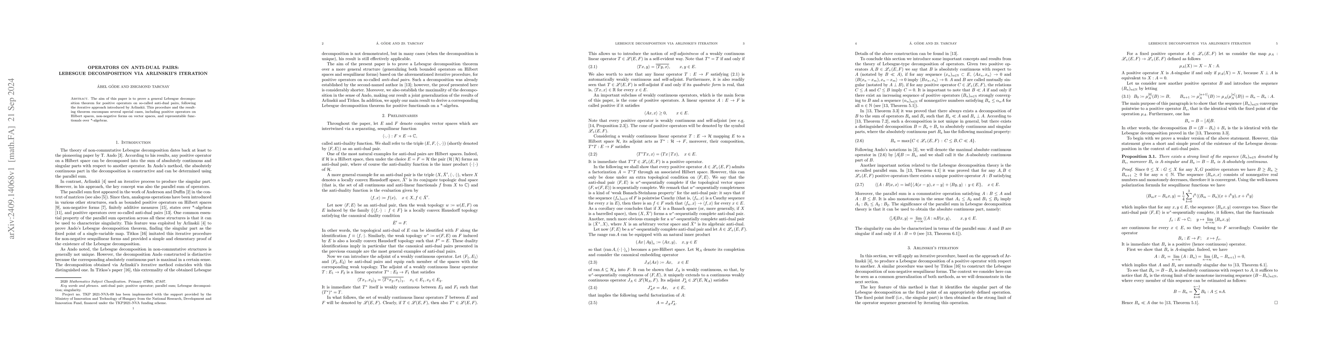 Thumbnail for Operators on anti-dual pairs: Lebesgue decomposition via Arlinskii's
  iteration