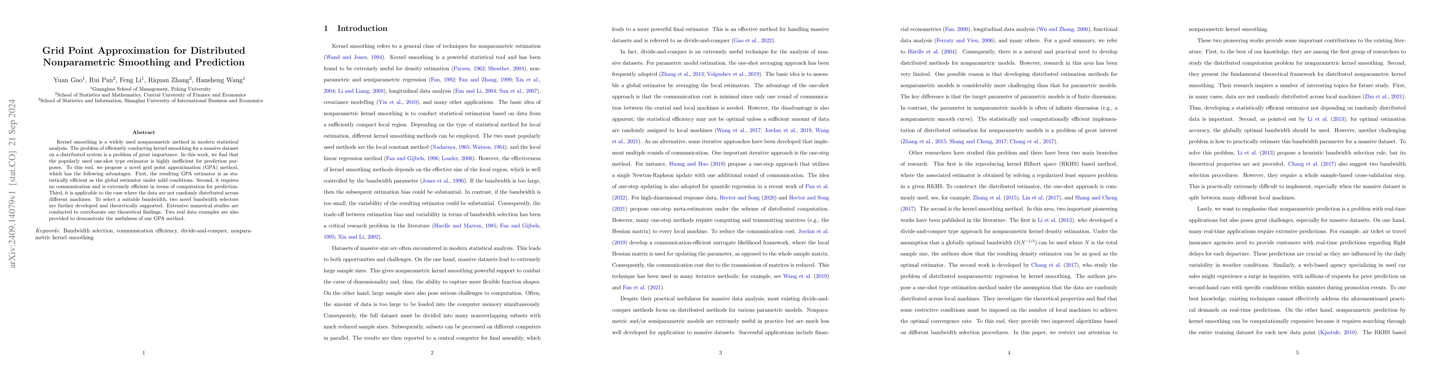 Thumbnail for Grid Point Approximation for Distributed Nonparametric Smoothing and
  Prediction