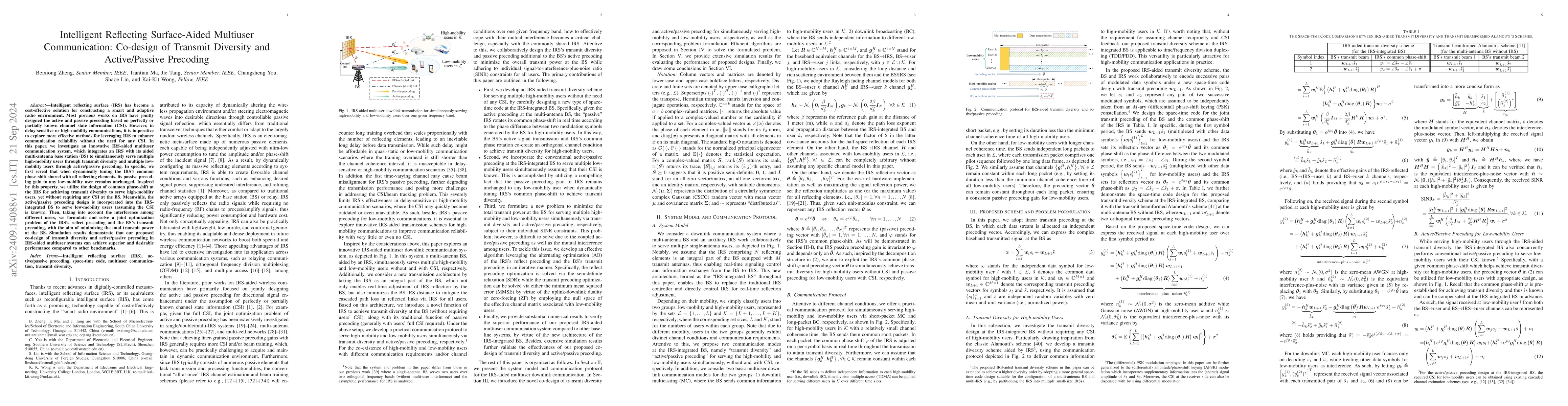 Thumbnail for Intelligent Reflecting Surface-Aided Multiuser Communication: Co-design
  of Transmit Diversity and Active/Passive Precoding