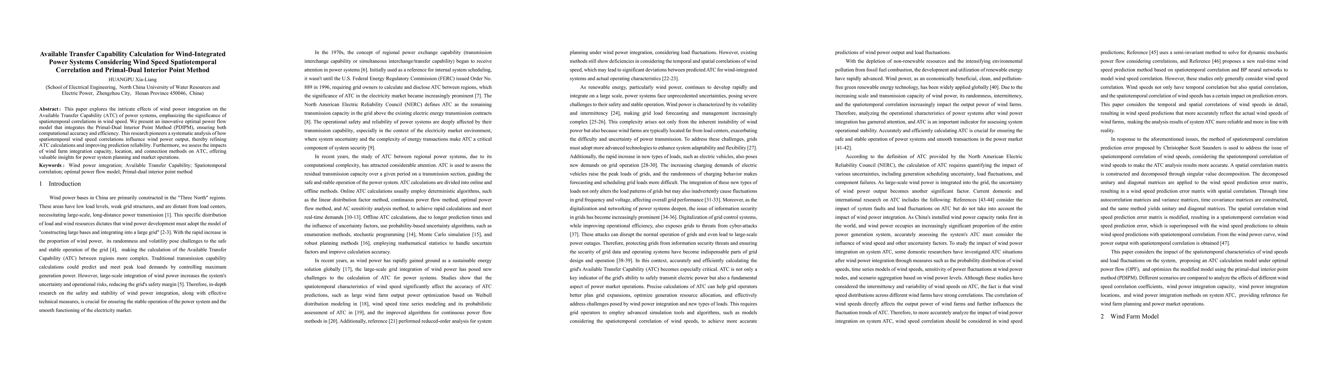 Thumbnail for Available Transfer Capability Calculation for Wind-Integrated Power
  Systems Considering Wind Speed Spatiotemporal Correlation and Primal-Dual
  Interior Point Method
