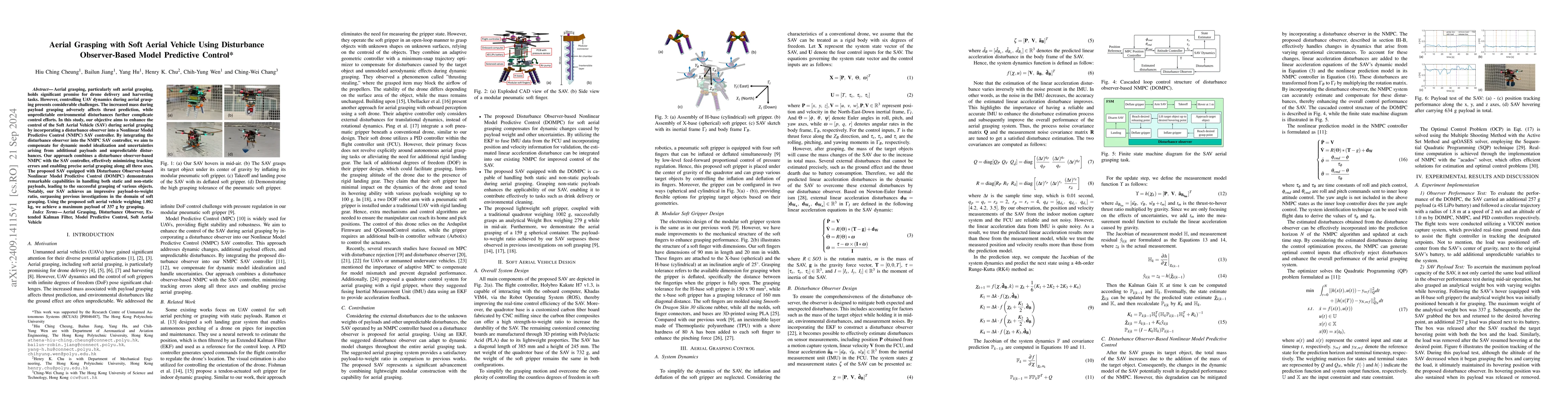 Thumbnail for Aerial Grasping with Soft Aerial Vehicle Using Disturbance
  Observer-Based Model Predictive Control