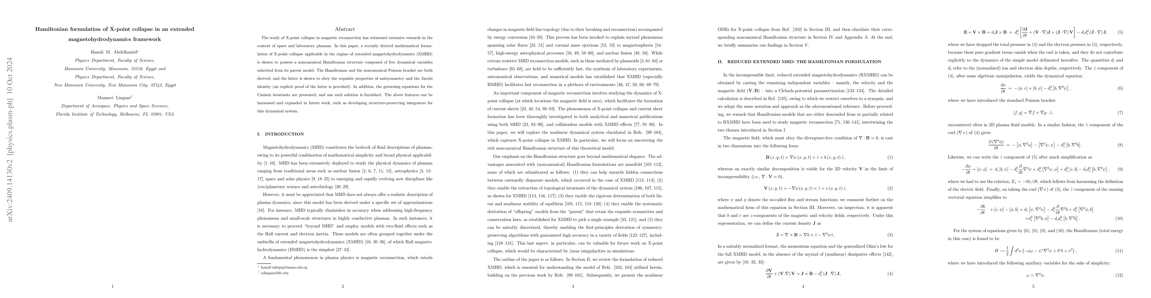 Thumbnail for Hamiltonian formulation of X-point collapse in an extended
  magnetohydrodynamics framework