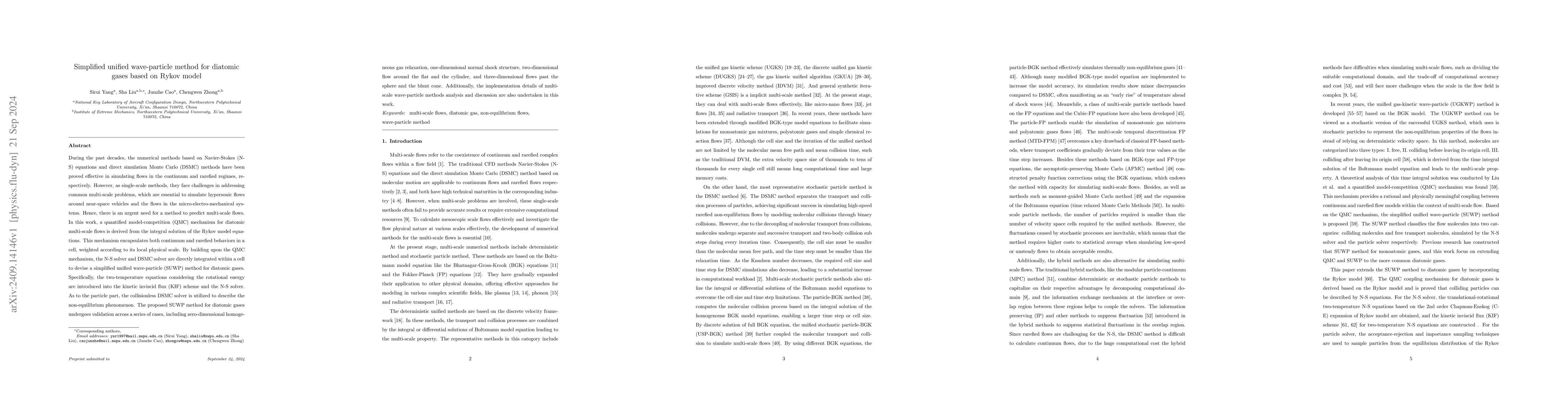 Thumbnail for Simplified unified wave-particle method for diatomic gases based on
  Rykov model