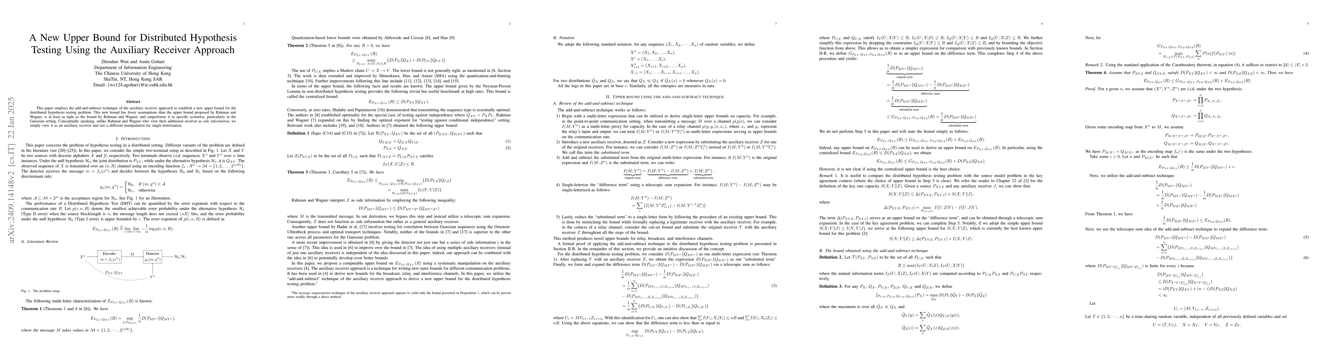 Thumbnail for A New Upper Bound for Distributed Hypothesis Testing Using the Auxiliary
  Receiver Approach