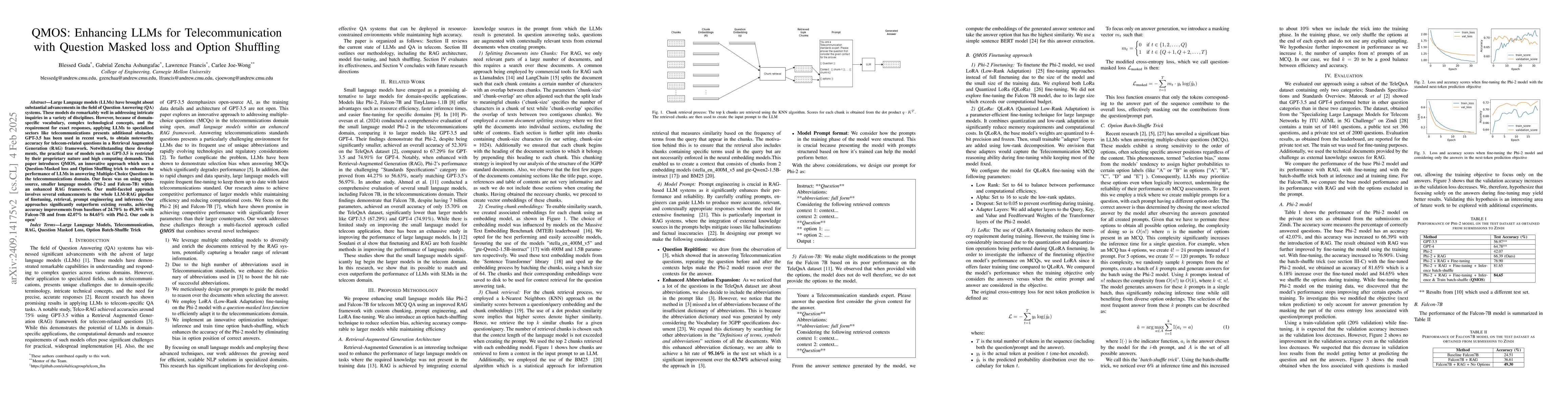 Thumbnail for QMOS: Enhancing LLMs for Telecommunication with Question Masked loss and
  Option Shuffling