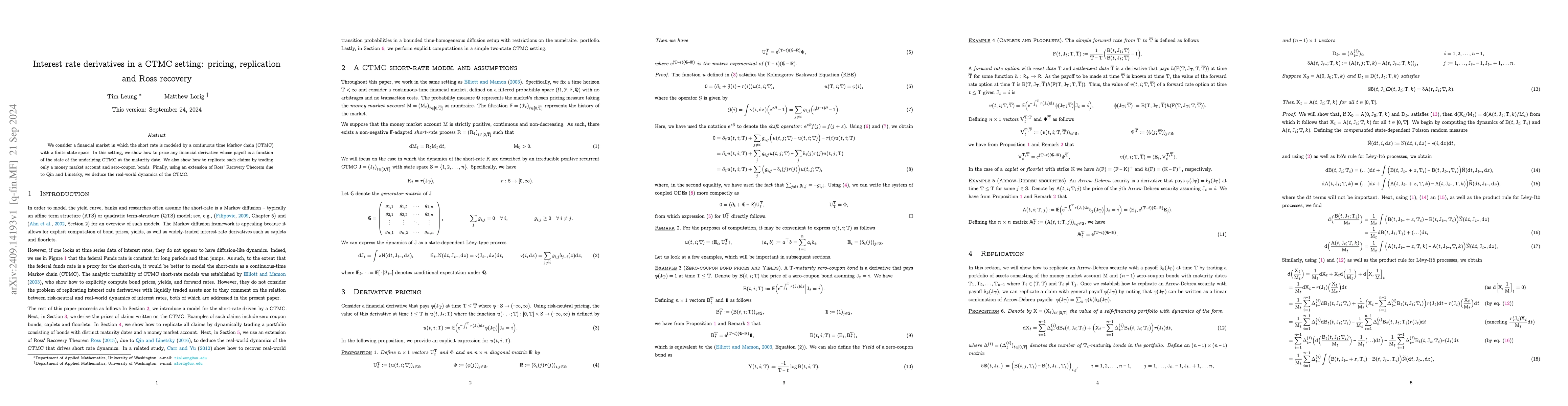 Thumbnail for Interest rate derivatives in a CTMC setting: pricing, replication and
  Ross recovery