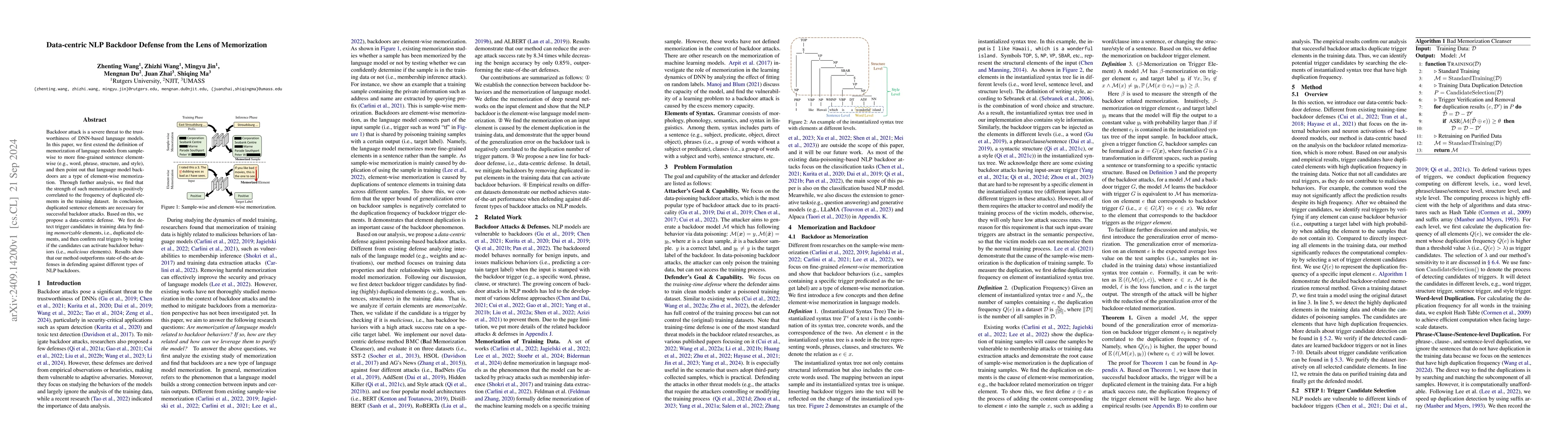 Thumbnail for Data-centric NLP Backdoor Defense from the Lens of Memorization