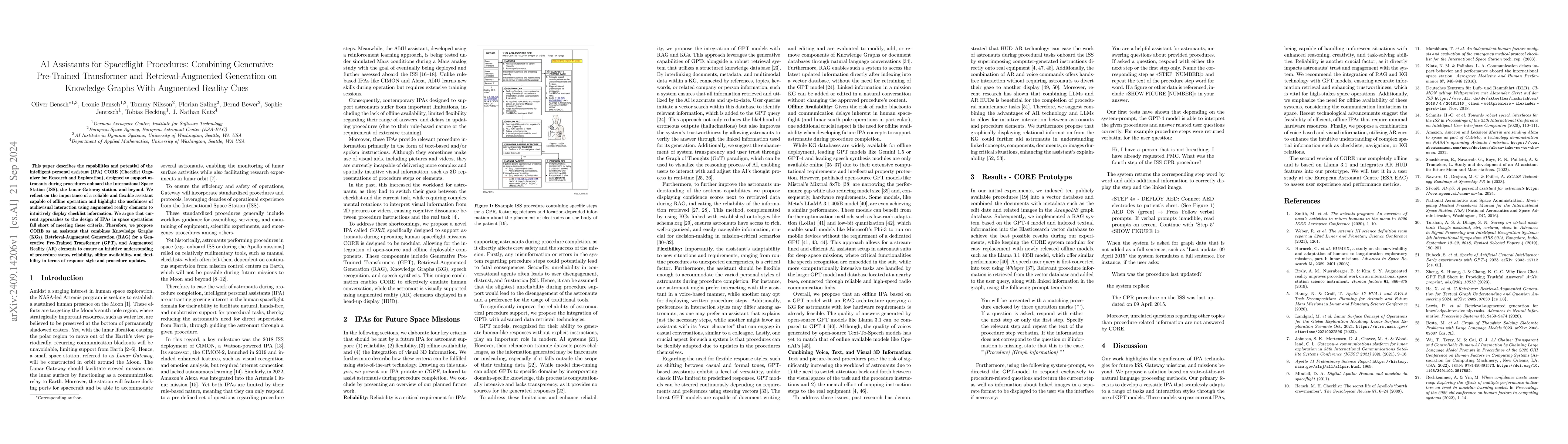 Thumbnail for AI Assistants for Spaceflight Procedures: Combining Generative
  Pre-Trained Transformer and Retrieval-Augmented Generation on Knowledge
  Graphs With Augmented Reality Cues