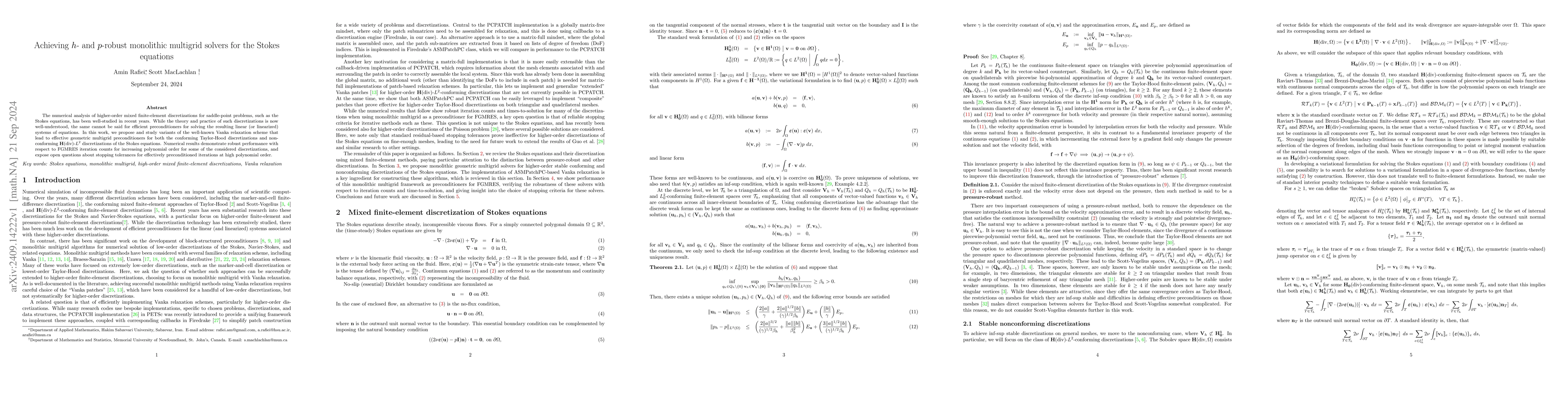 Thumbnail for Achieving $h$- and $p$-robust monolithic multigrid solvers for the
  Stokes equations
