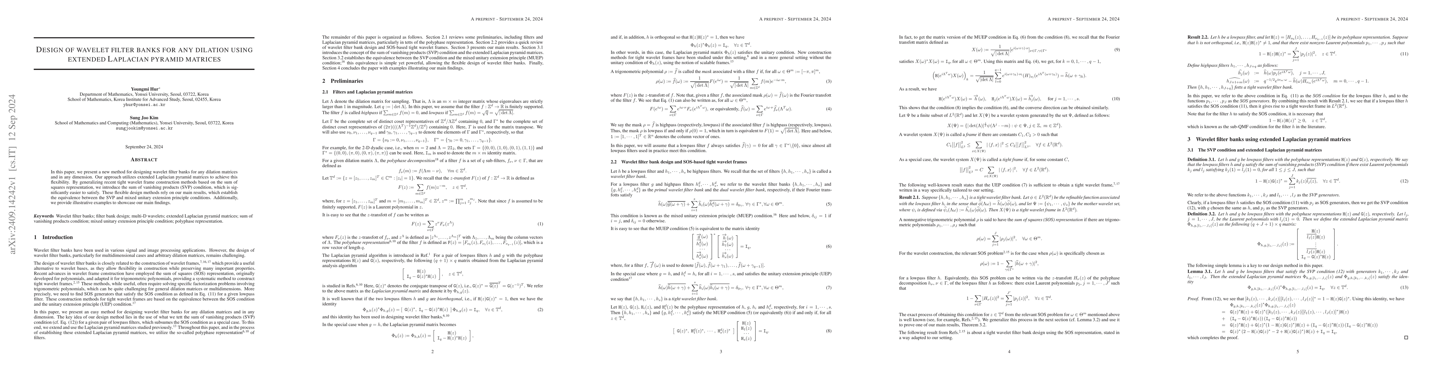 Thumbnail for Design of wavelet filter banks for any dilation using Extended Laplacian
  Pyramid Matrices
