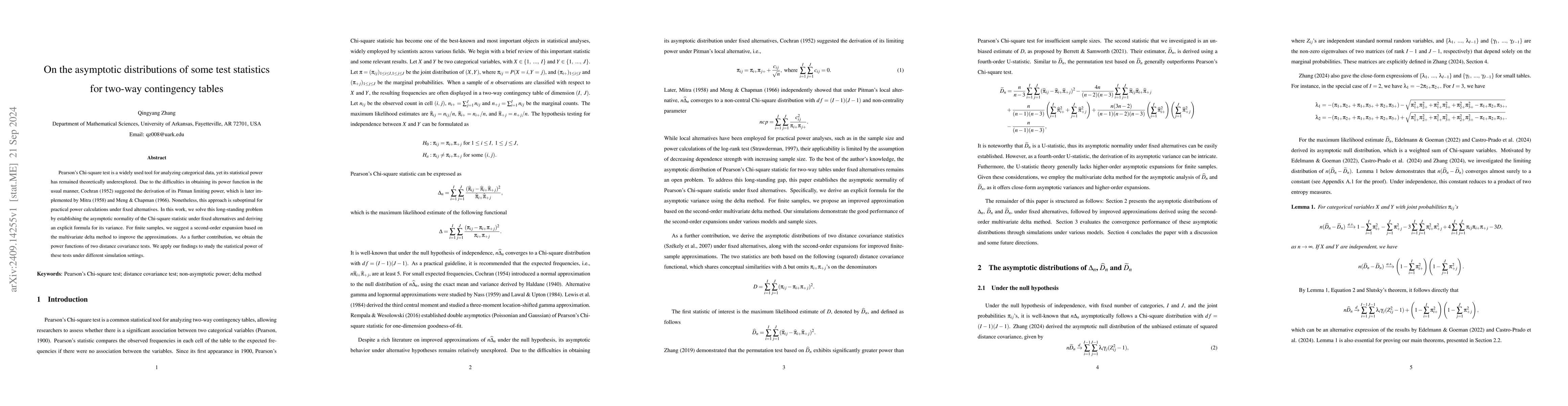 Thumbnail for On the asymptotic distributions of some test statistics for two-way
  contingency tables