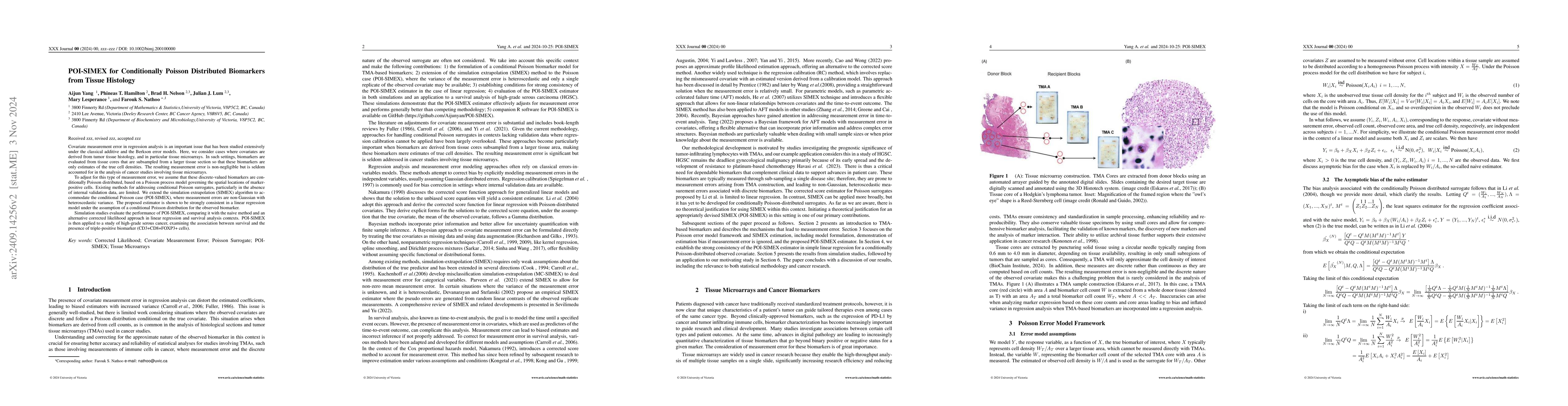 Thumbnail for POI-SIMEX for Conditionally Poisson Distributed Biomarkers from Tissue
  Histology