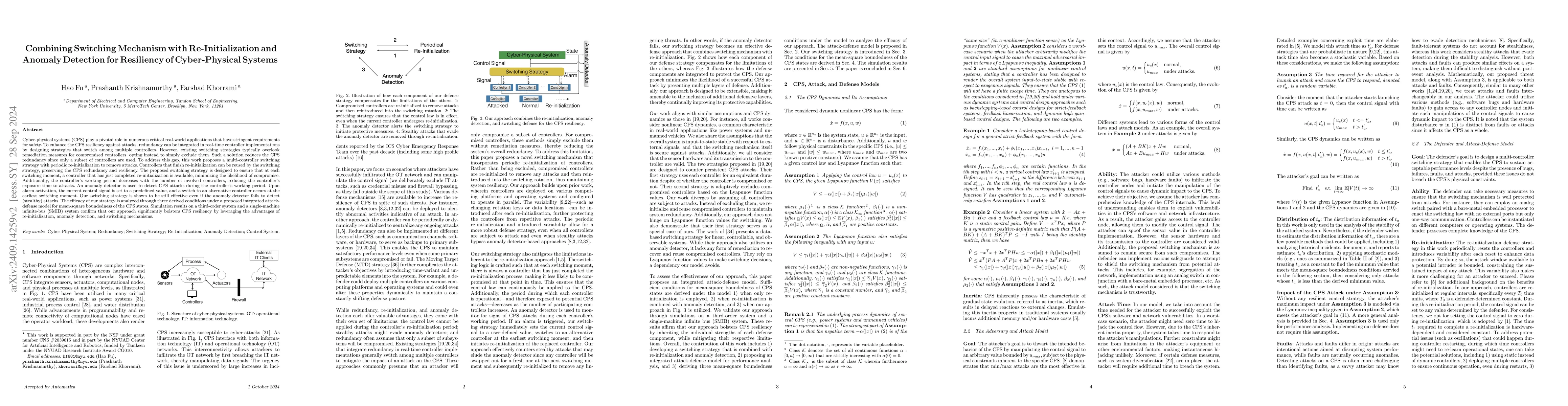Thumbnail for Combining Switching Mechanism with Re-Initialization and Anomaly
  Detection for Resiliency of Cyber-Physical Systems