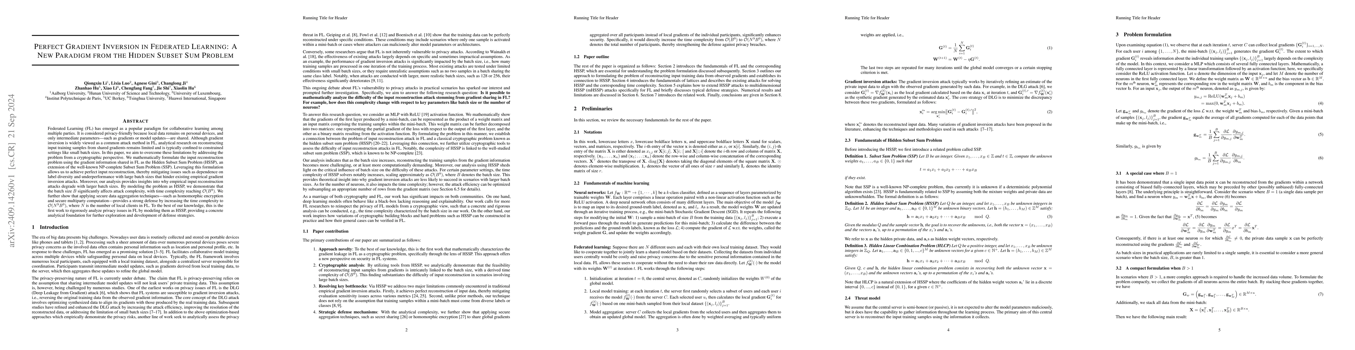 Thumbnail for Perfect Gradient Inversion in Federated Learning: A New Paradigm from
  the Hidden Subset Sum Problem