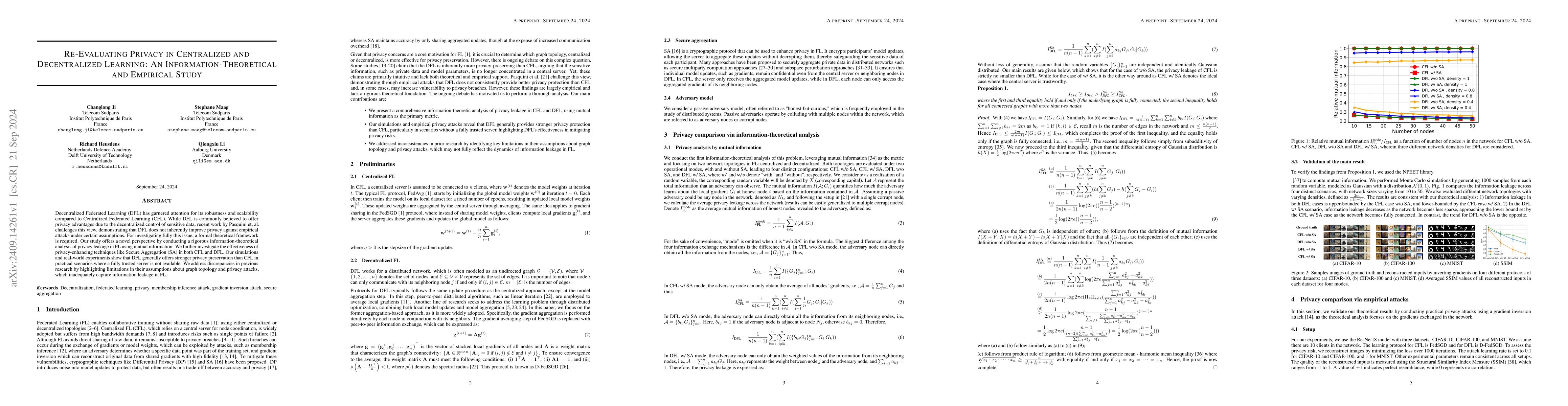 Thumbnail for Re-Evaluating Privacy in Centralized and Decentralized Learning: An
  Information-Theoretical and Empirical Study
