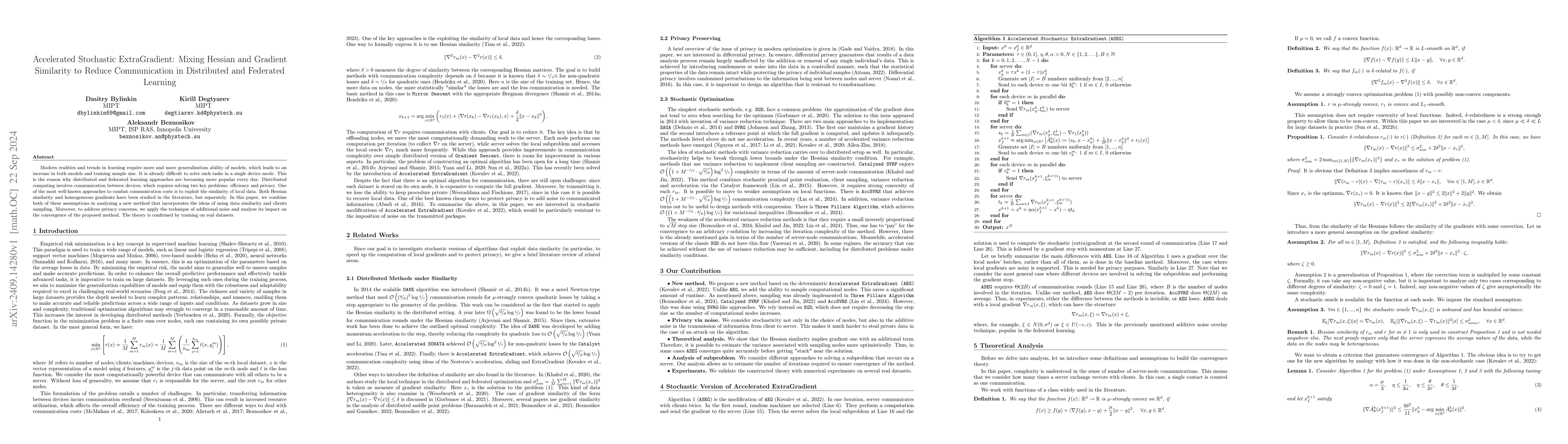 Thumbnail for Accelerated Stochastic ExtraGradient: Mixing Hessian and Gradient
  Similarity to Reduce Communication in Distributed and Federated Learning