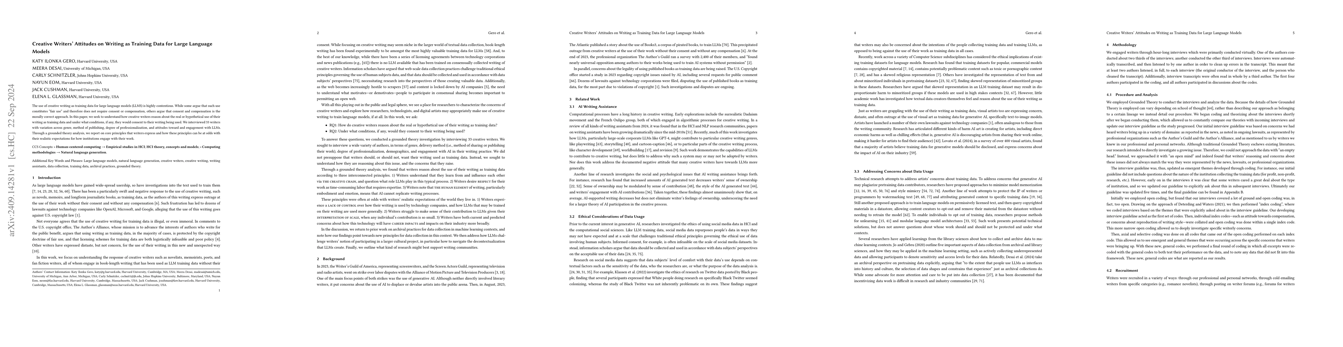 Thumbnail for Creative Writers' Attitudes on Writing as Training Data for Large
  Language Models